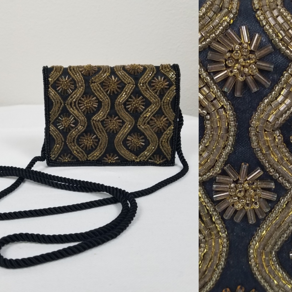 Vintage Art Deco Andre Cellini Black Celestial Beaded Mini Cluth Purse Wallet